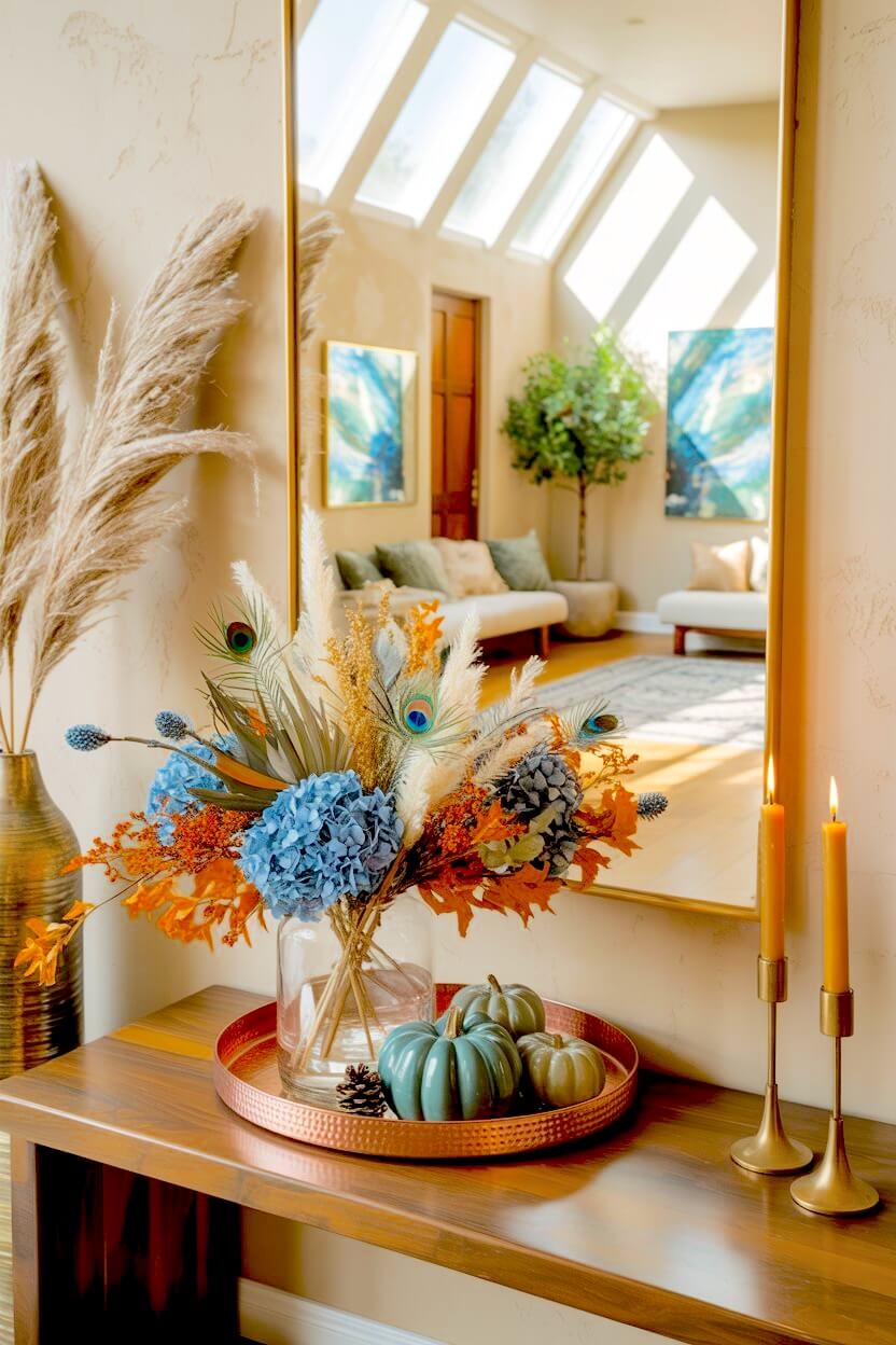 A round copper tray on a wood console table features a glass vase of blue hydrangeas mixed with peacock feathers next to teal pumpkins for autumn console decor.