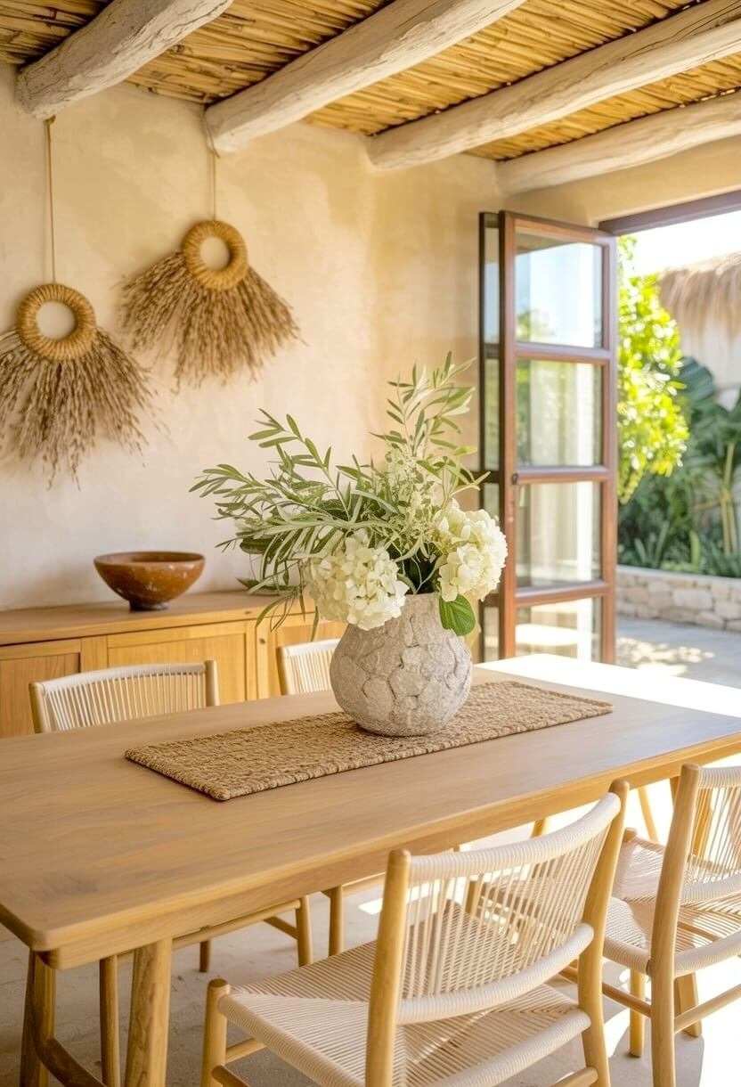 A textured stone vase holding white hydrangea blooms decorates a light brown wood dining table matched with woven chairs for bohemian dining room styling.
