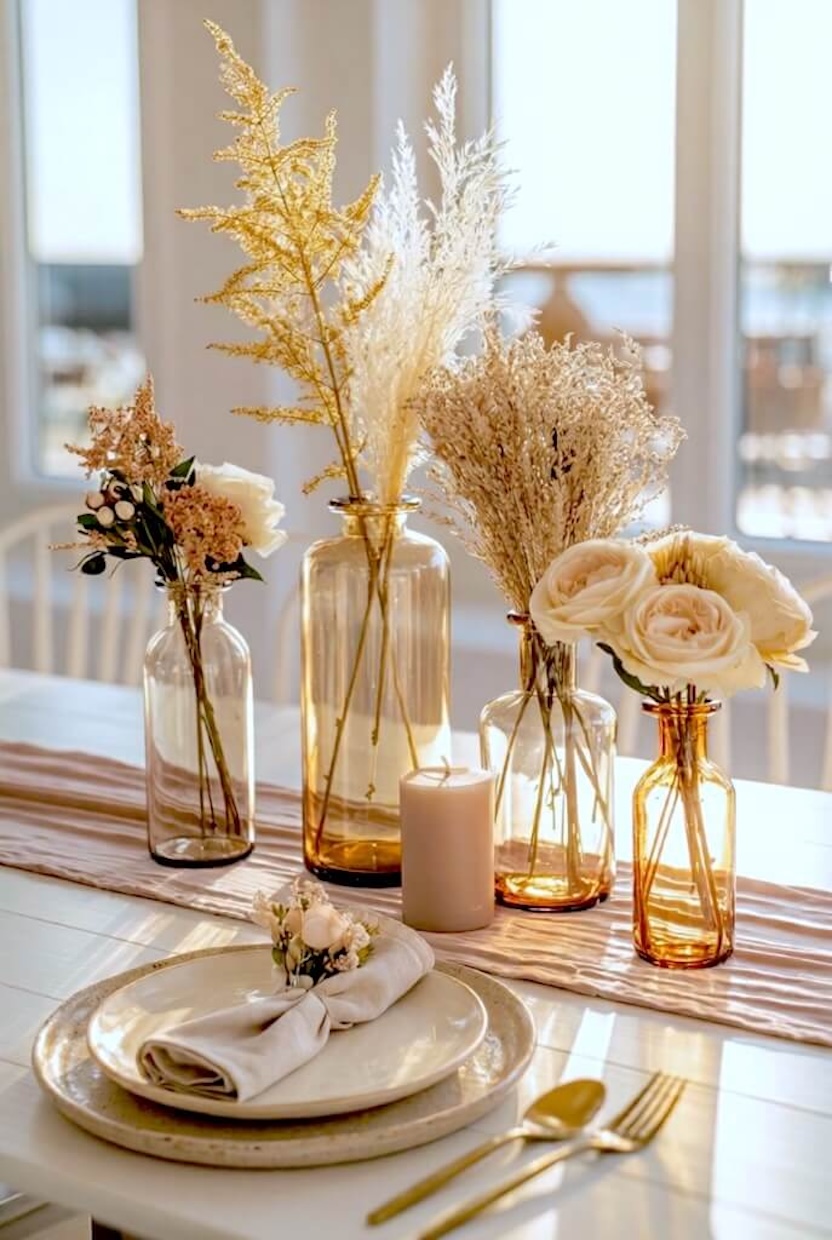 Several brown glass bottles filled with dried grass and fresh white roses sit along a light pink fabric runner on a dining table for bohemian home ideas.