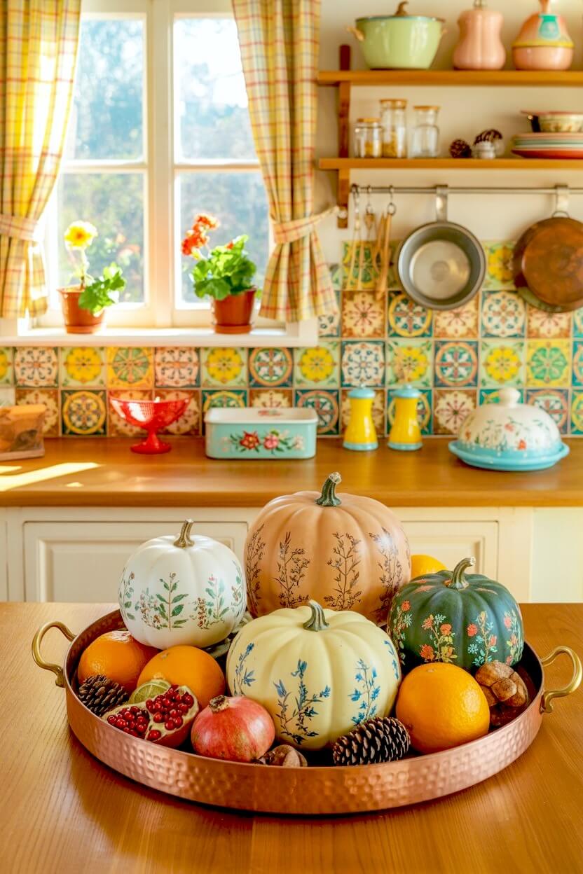 A copper tray on a counter holds fresh oranges and red pomegranates paired with beautiful botanical painted ceramic pumpkins for fall kitchen counter styling.