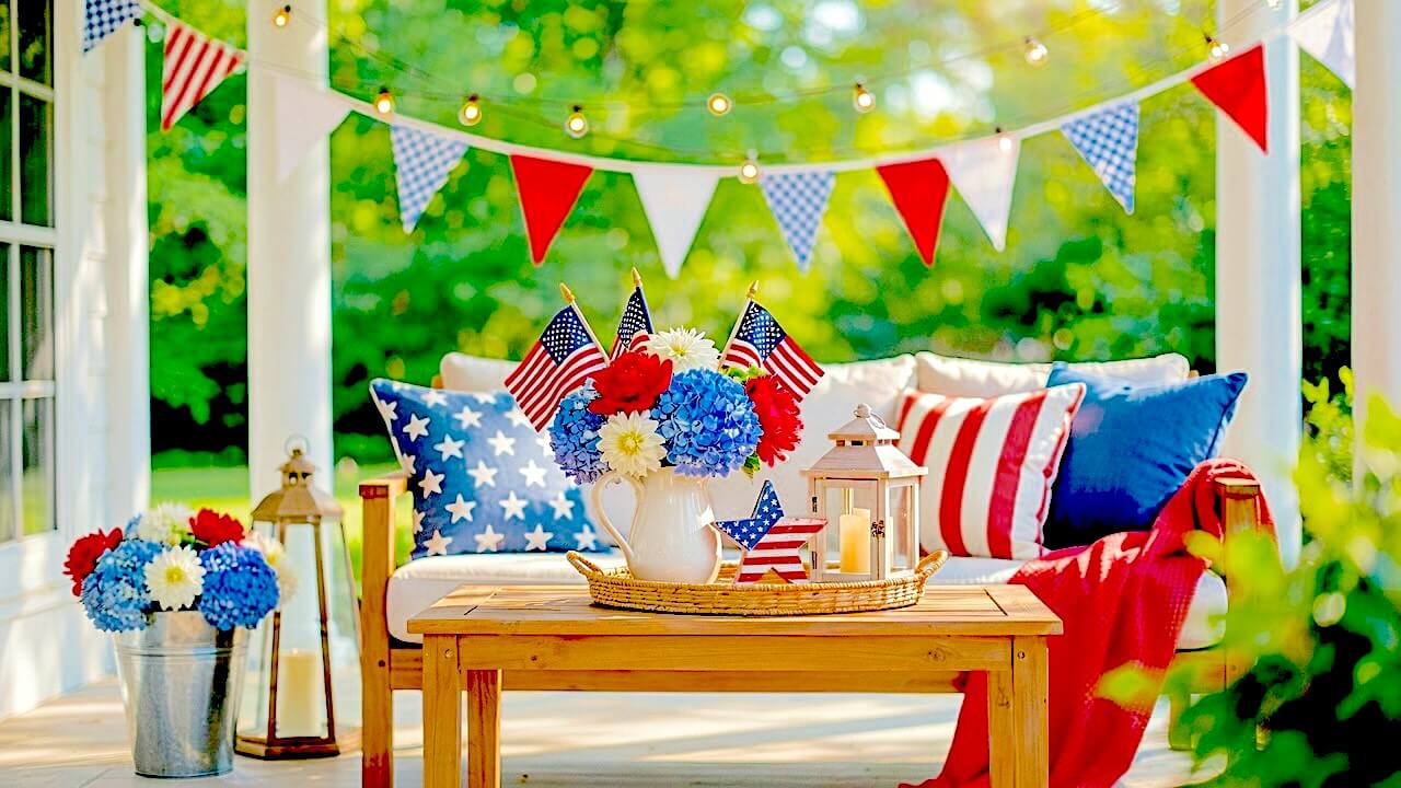 Bright wooden porch sofa decorated with star and striped pillows behind a wooden table tray holding a floral pitcher for summer patio patriotic styling.