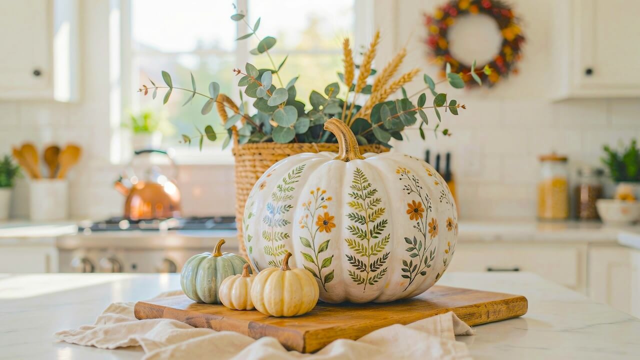 Large white pumpkin hand painted with green ferns and yellow flowers on a wooden cutting board demonstrating floral pumpkin painting ideas.