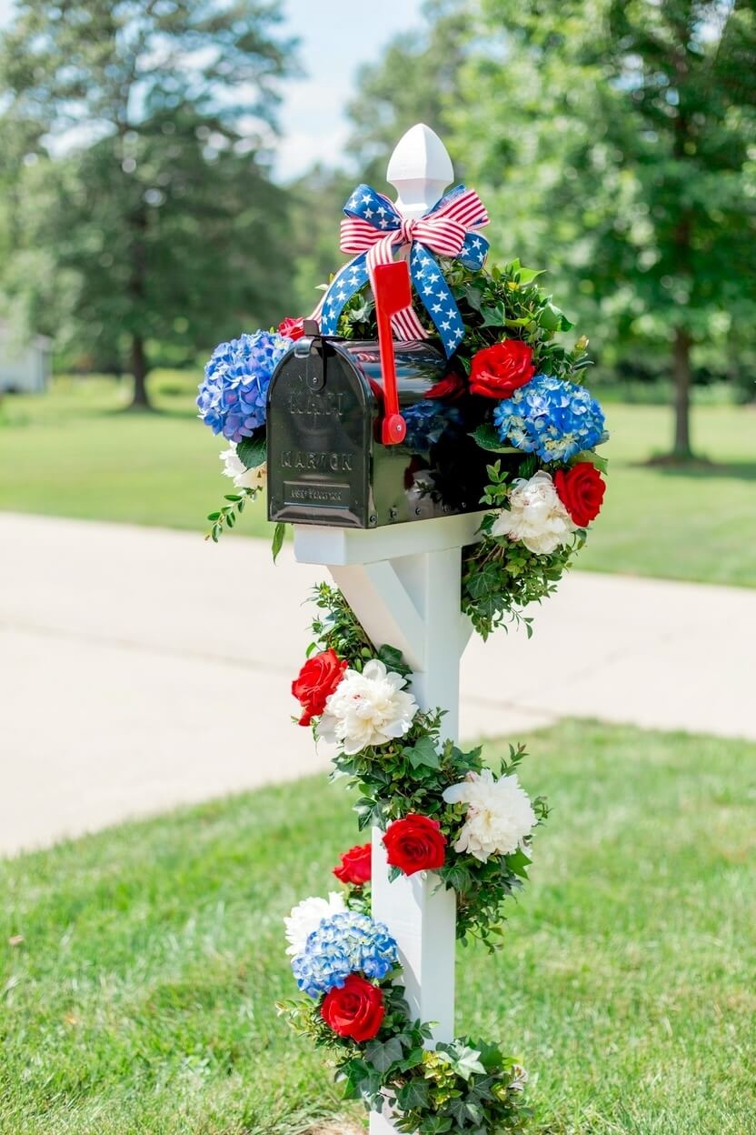 Black residential mailbox wrapped in vibrant blue hydrangeas and red roses for patriotic 4th of July outdoor decorations along a sunny suburban green driveway.