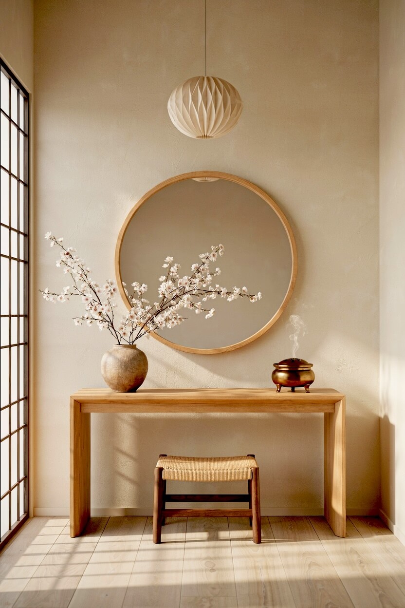 A light wood minimalist console table decorated with a round mirror, blooming cherry blossom branches, and a glowing paper lantern, offering perfect small console table decor ideas.