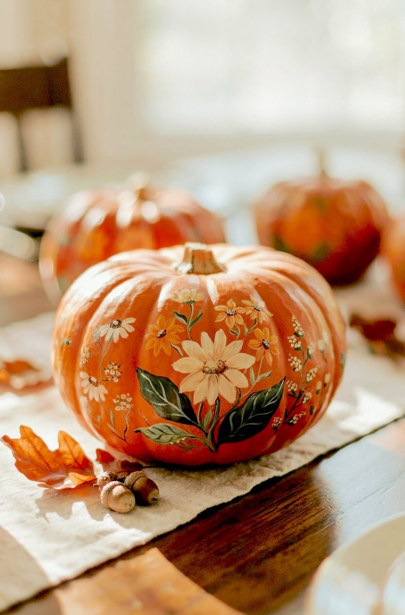 Orange pumpkin resting on a linen runner decorated with white daisies and green leaves, showcasing beautiful floral pumpkin painting ideas for fall decor.