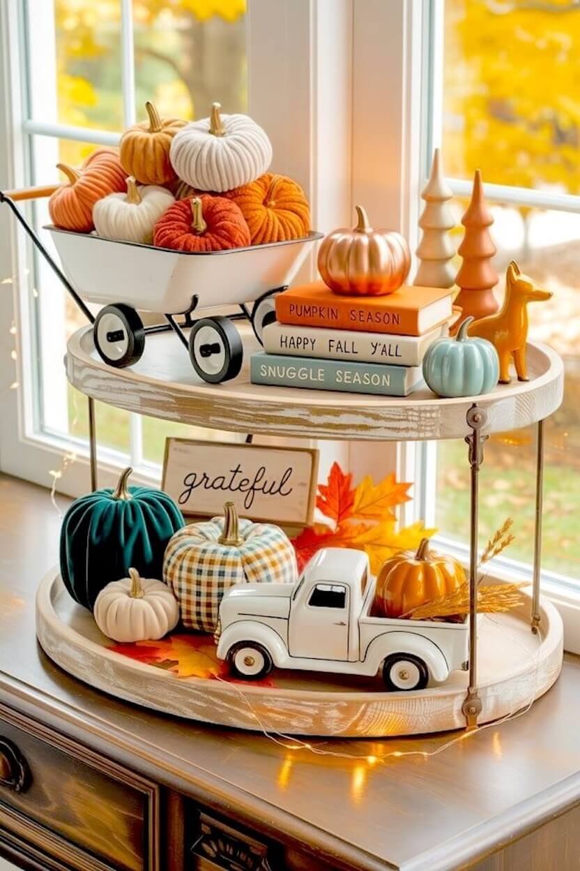 A two-tier rustic wooden tray displays velvet pumpkins in a mini wheelbarrow, a white retro truck, stacked books, and foliage serving as inspiration for fall tiered tray decor ideas.