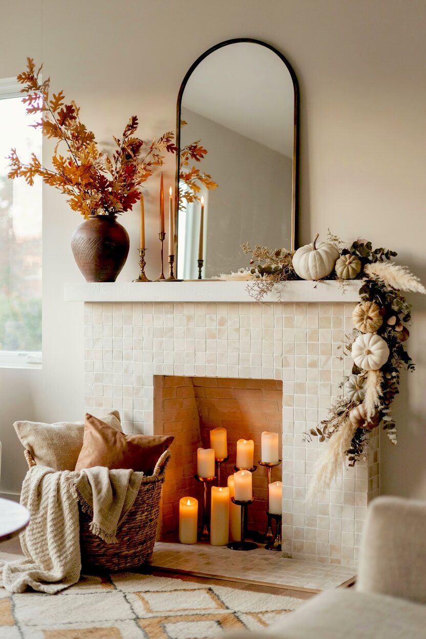A white fireplace featuring fall mantel decor ideas with an arched mirror, a tall brown vase filled with orange leaves, white pumpkins, and glowing floor candles.