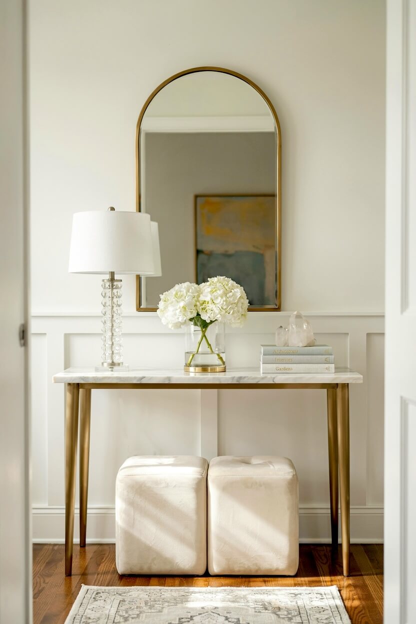 Marble top small console table with gold legs featuring a modern arched mirror, white hydrangeas, a stacked crystal lamp, and cream stools tucked underneath.