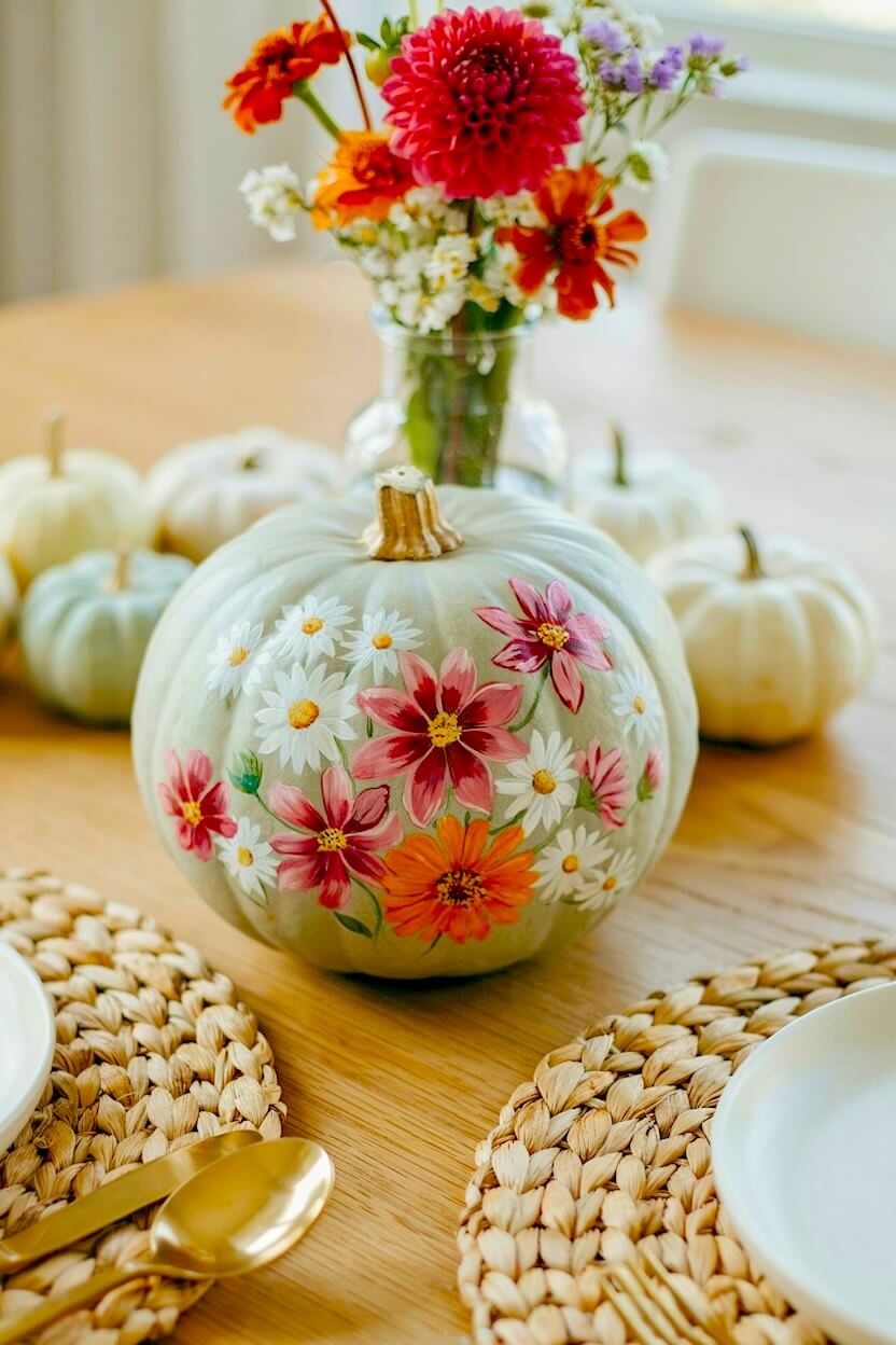 Pale mint green pumpkin painted with dark red cosmos and white daisies placed on a woven rattan placemat, showcasing beautiful flower painting on pumpkins.