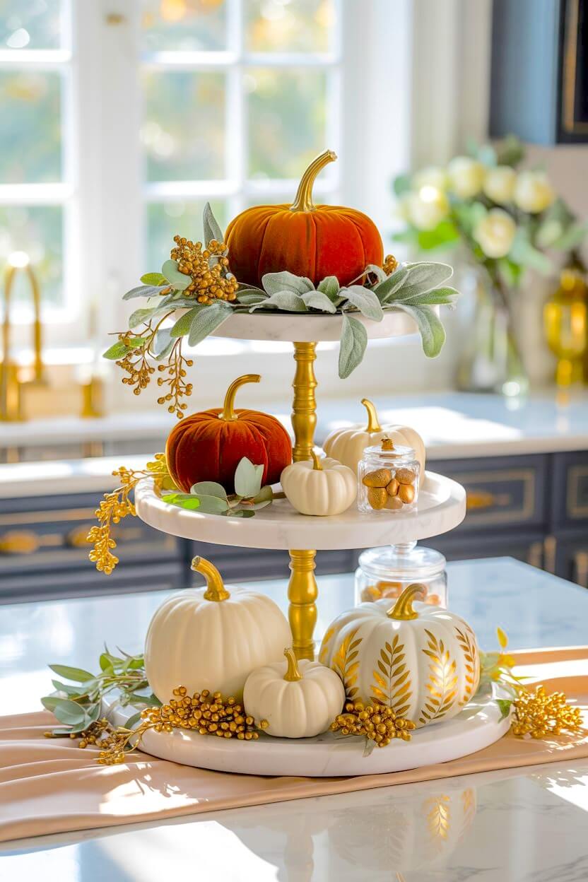 A luxurious autumn centerpiece features white marble tiers with gold pillars, showcasing deep orange velvet pumpkins, metallic berries, and frosted greenery.