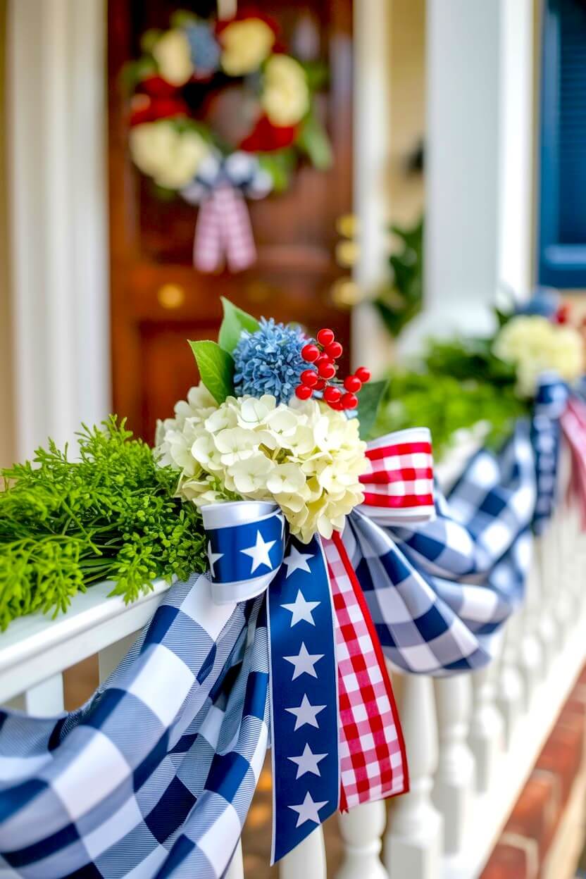 Lush green porch railing garland accented with round white hydrangeas, layered patriotic ribbons, and bold blue and white buffalo check fabric for festive styling.