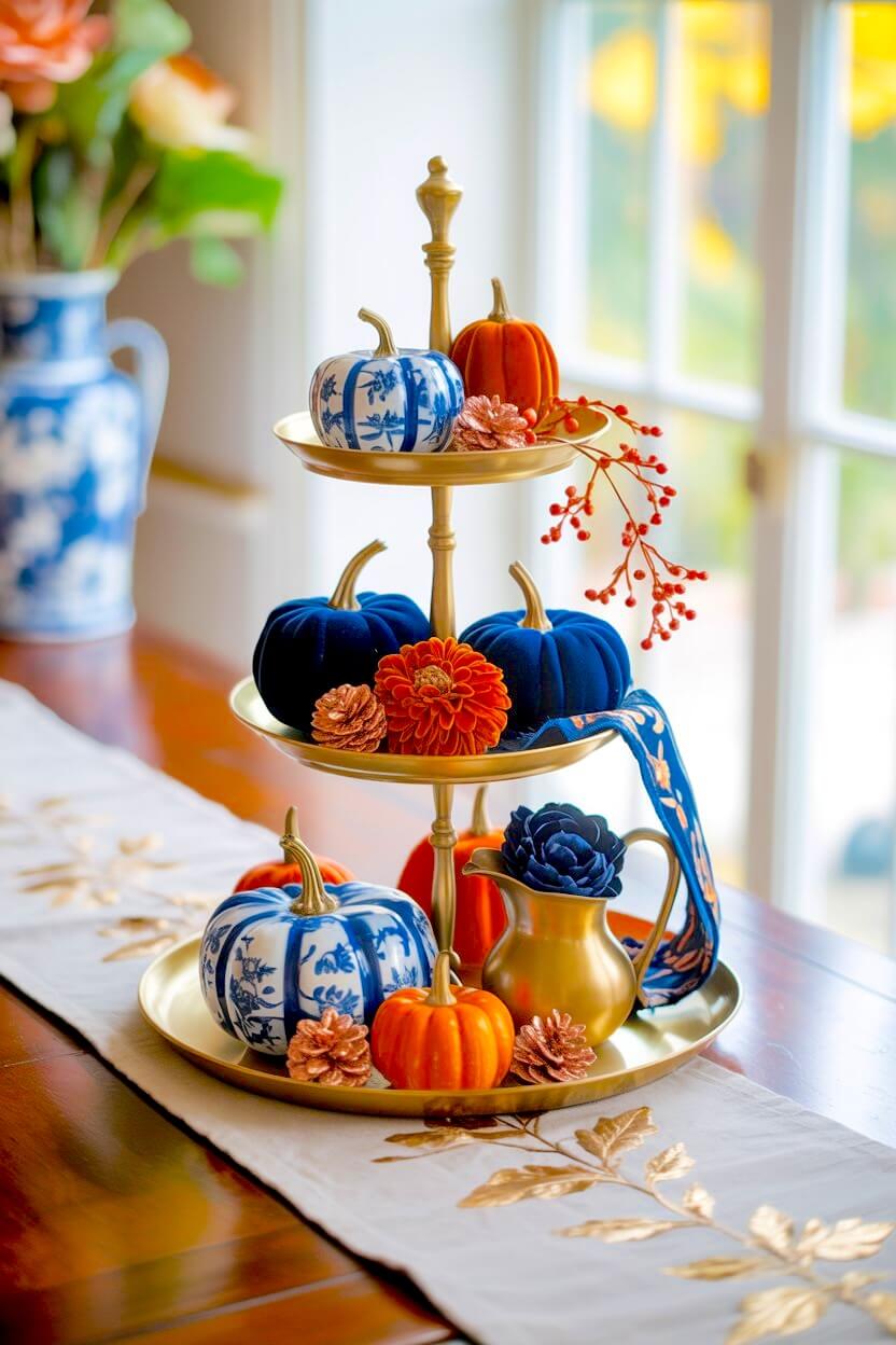 Elegant fall table styling mixes deep blue velvet and orange gourds with blue and white patterned porcelain pumpkins on a sleek brushed gold tiered tray.