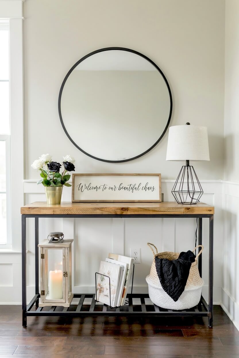 Wood and metal console table featuring a round mirror, a framed welcome sign, a geometric lamp, and a woven basket in a cozy hallway.