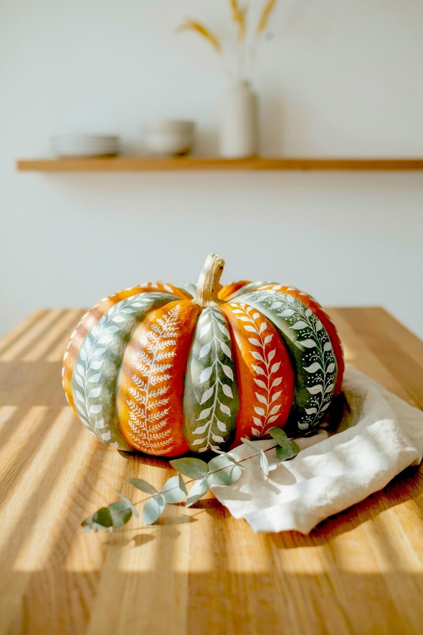 Orange pumpkin divided by painted sage green stripes featuring delicate white fern leaf patterns resting on a wood table, an excellent floral pumpkin decorating idea.