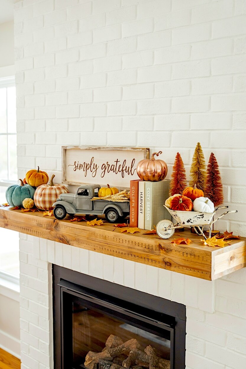 A white brick fireplace sharing farmhouse autumn mantel decoration with a gray toy truck, orange velvet pumpkins, stacked books, and colored bottle brush trees.