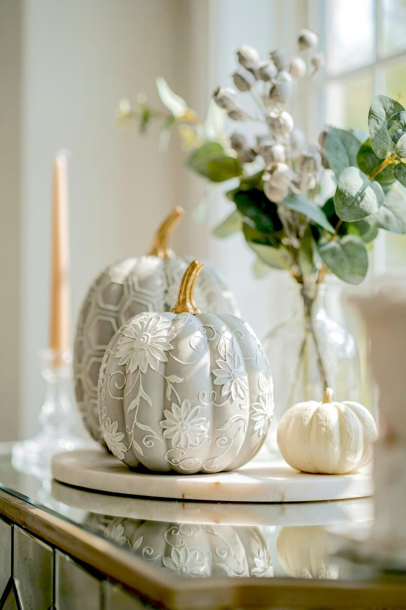 Soft gray pumpkin adorned with raised white floral and vine relief patterns beside a glass vase and tall candle, representing chic painted pumpkin concepts.