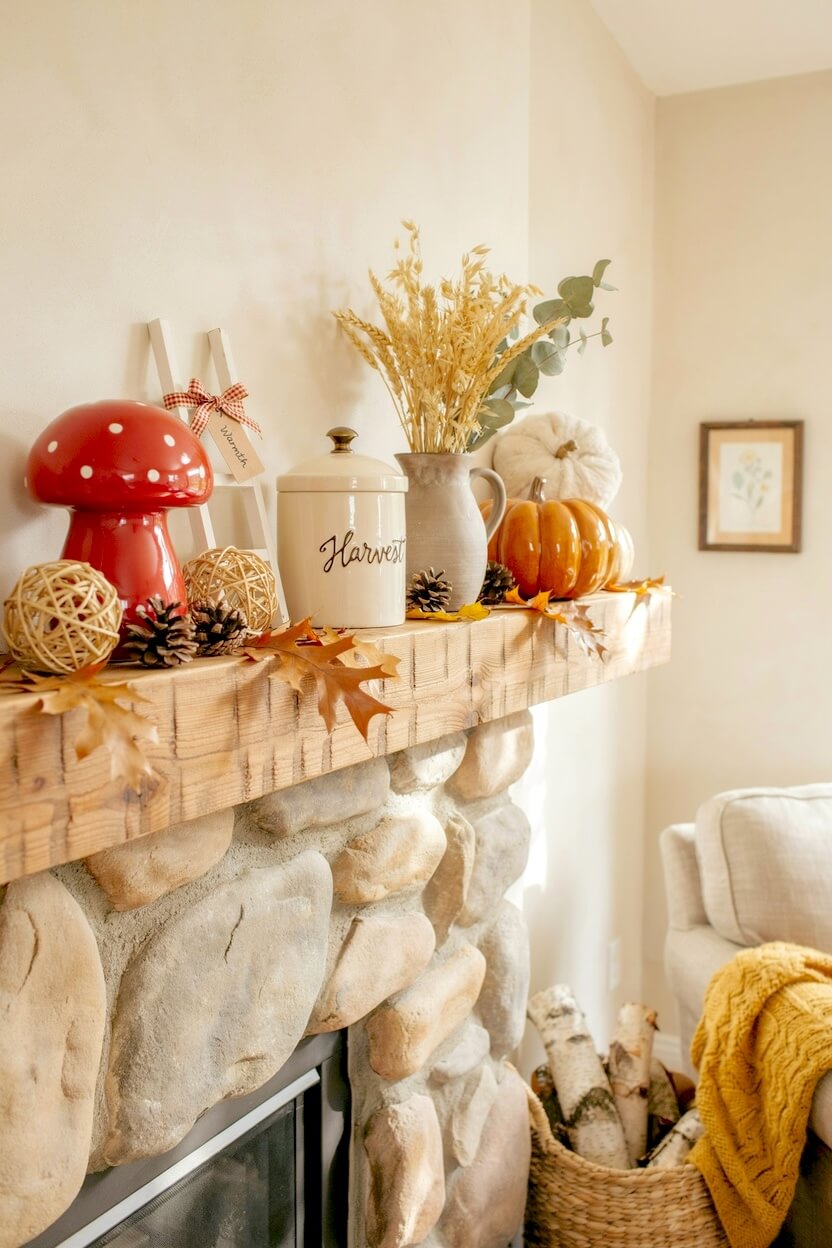 A stone base fireplace displaying cottage autumn mantel styling with a big red ceramic mushroom, a harvest labeled jar, natural pinecones, and orange pumpkins.