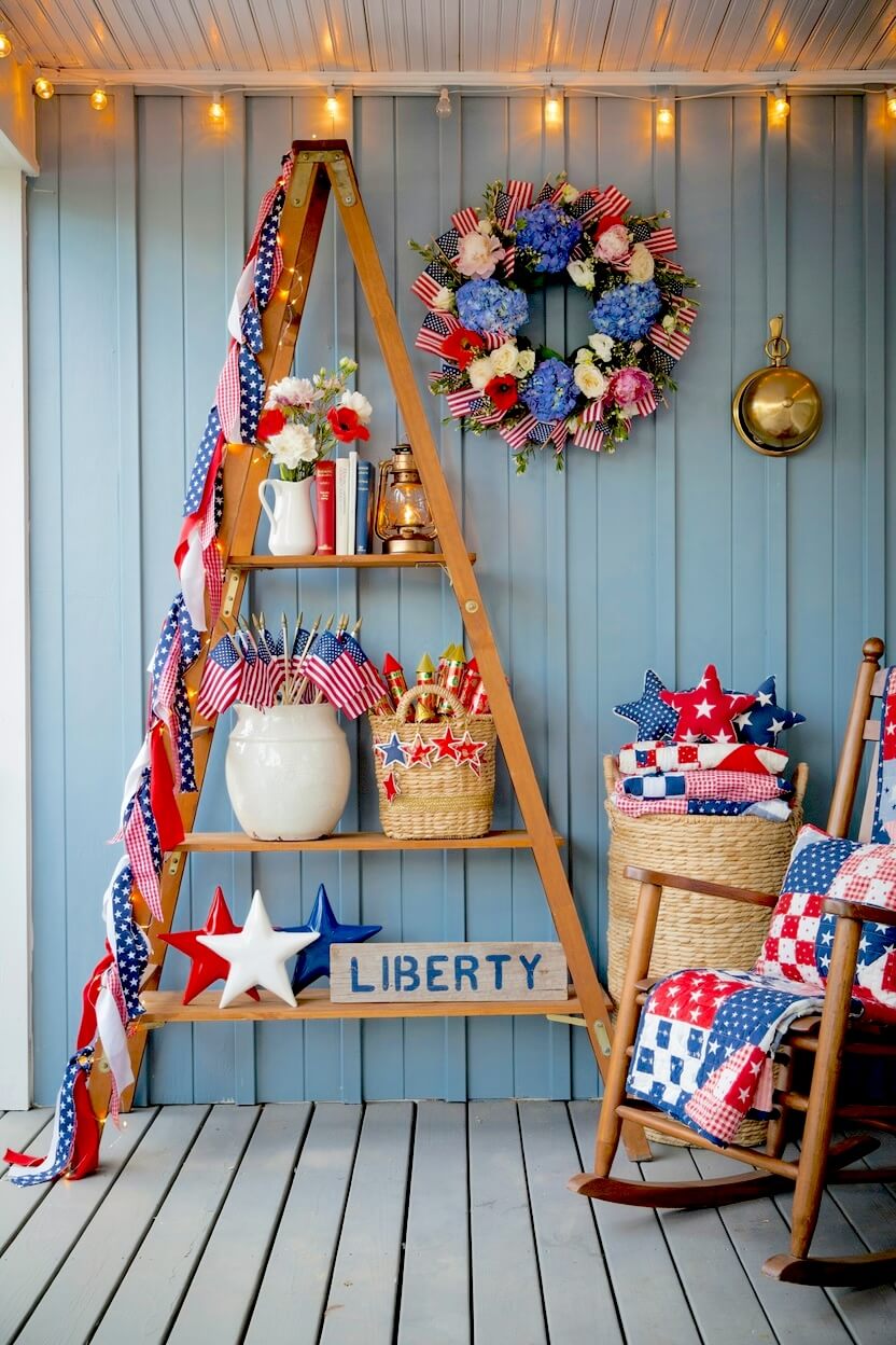Wooden step ladder staged on a blue porch decorated with vintage fabric bunting, glass jars of miniature flags, and patriotic star pillows for a nostalgic setup.