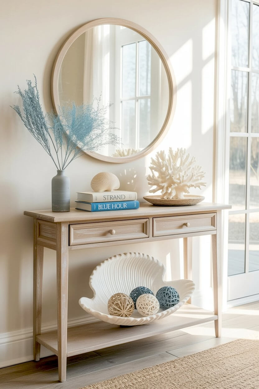 Light wood console table adorned with a round mirror, white coral, and blue branch stems in a relaxing beach house foyer.