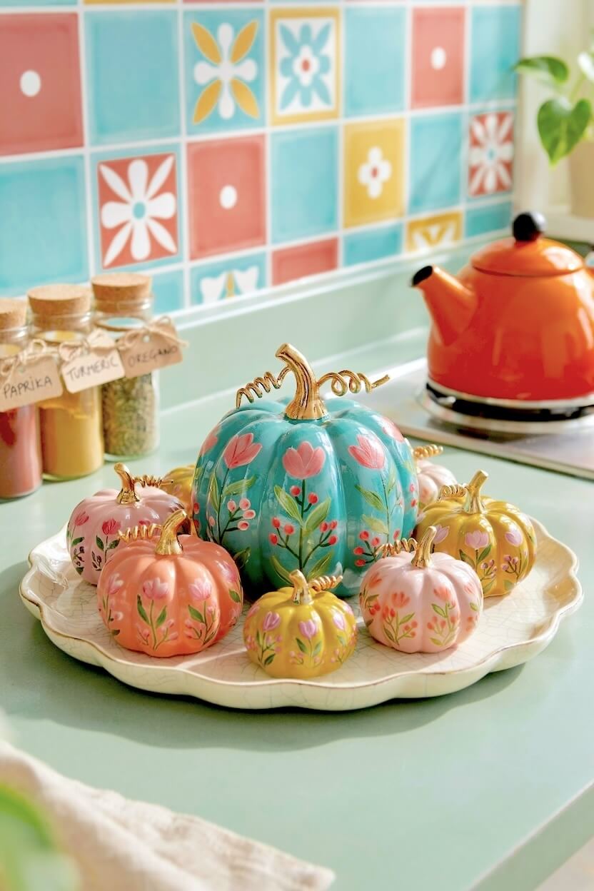 Aqua blue central pumpkin surrounded by smaller pink and yellow pumpkins painted with bright pink tulips arranged on a colorful tray for floral pumpkin designs.