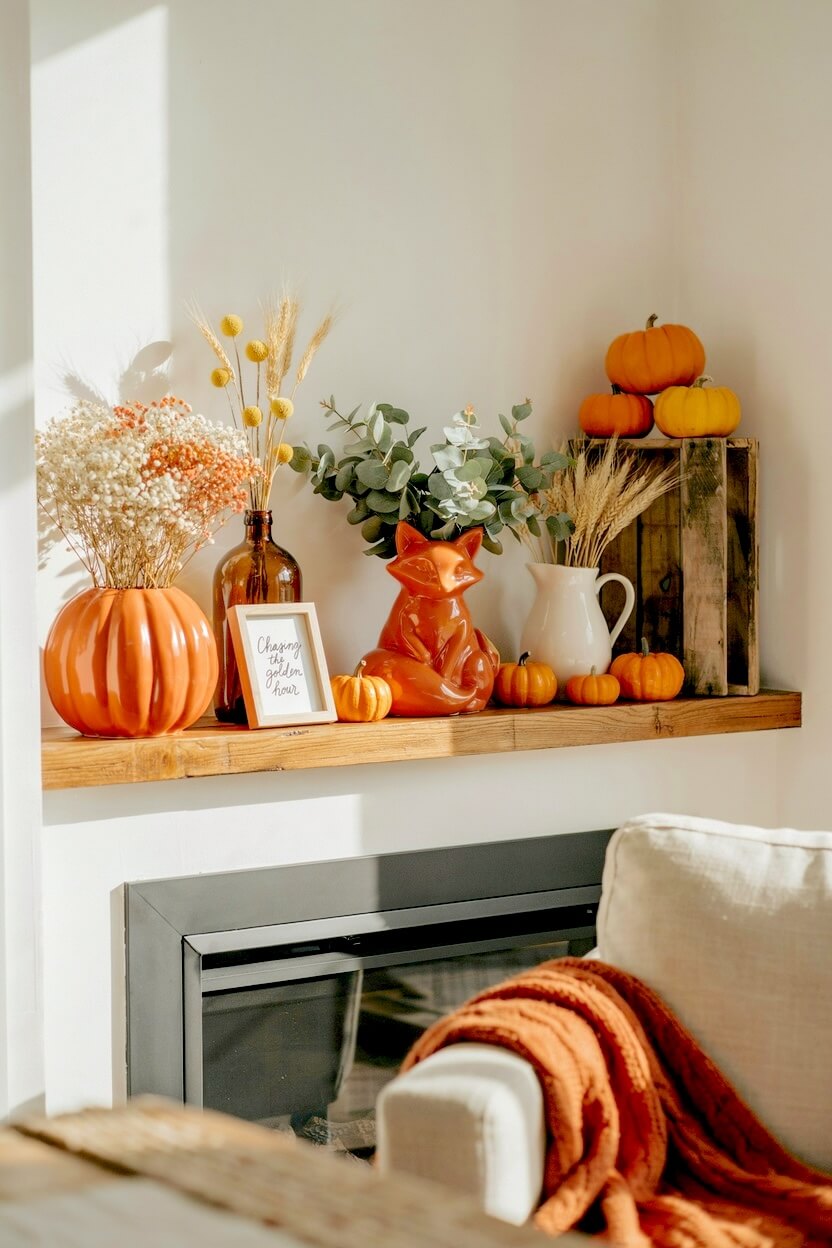 A sleek dark fireplace highlighting a creative fall mantel design with a glossy orange ceramic fox, an orange pumpkin vase holding dried flowers, and small gourds.