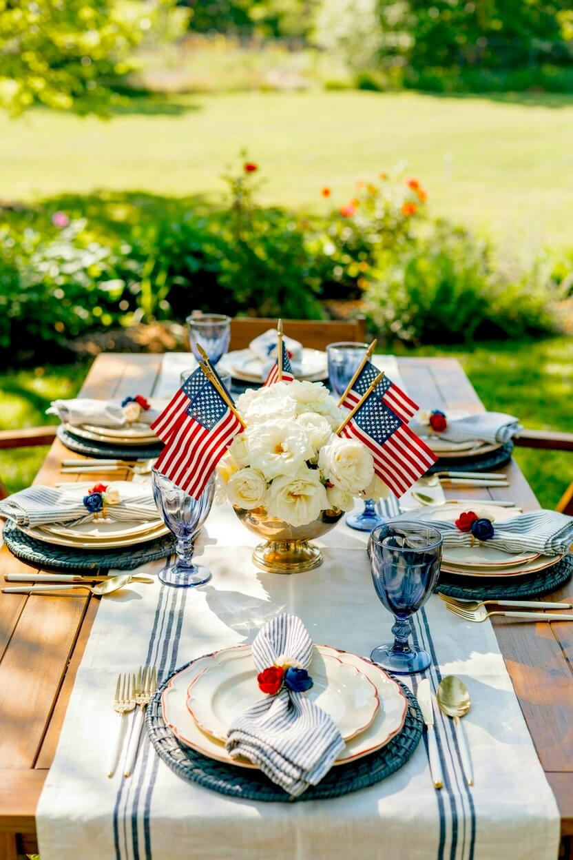 Wooden outdoor dining table set with a striped runner, blue glassware, and a gold bowl filled with soft white roses and miniature flags for summer patio dining.