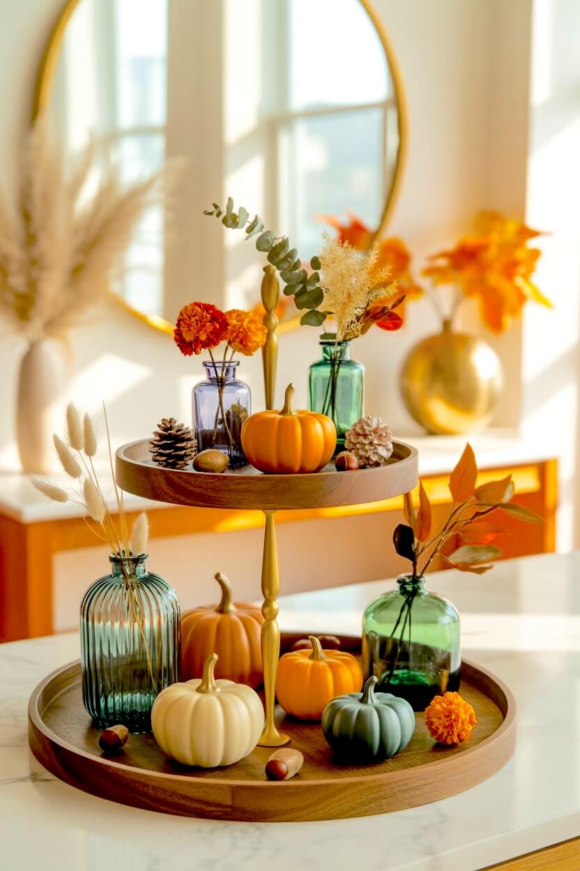 A colorful autumn kitchen accent displays green, orange, and cream pumpkins mixed with textured glass bud vases holding delicate dried florals and small pinecones.