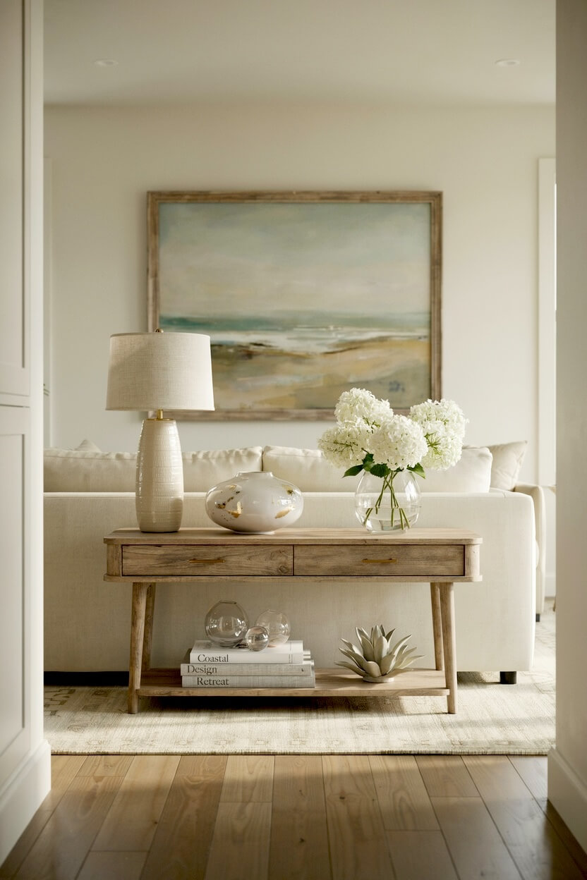 Natural wood console table set behind a cream sofa with a large abstract painting, white hydrangeas, and a ribbed lamp in a small modern living room.