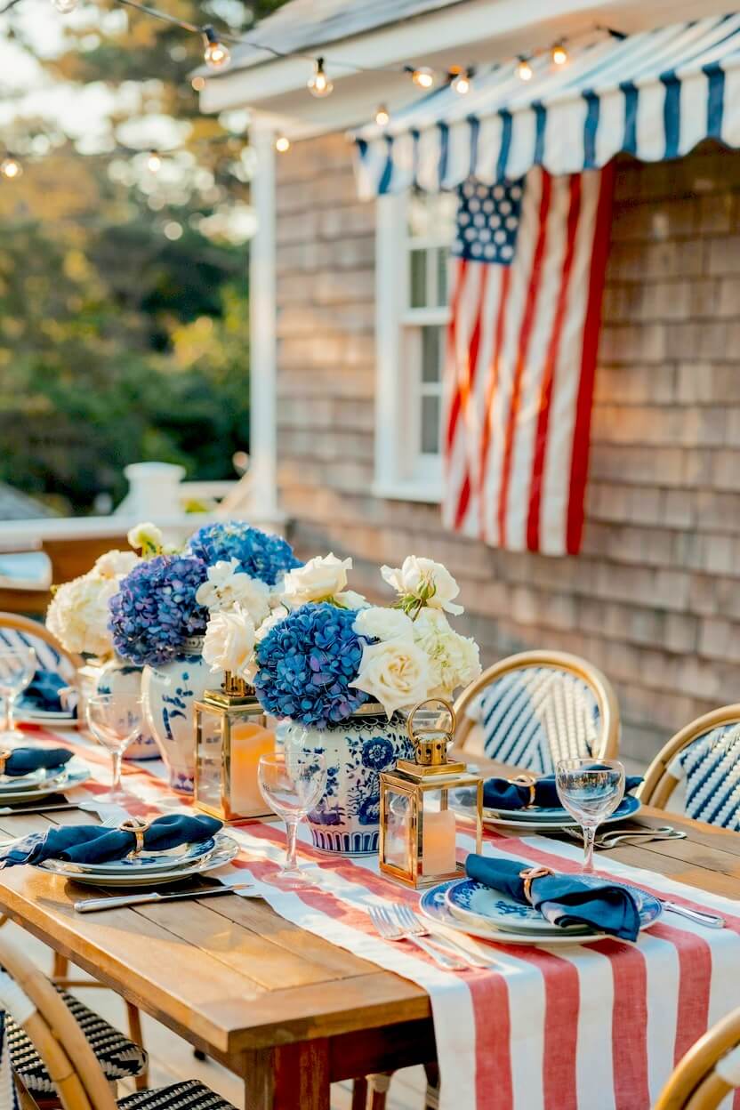 Long wooden patio table decorated with a red and white striped runner, gold lanterns, and blue chinoiserie vases filled with hydrangeas for a festive gathering.