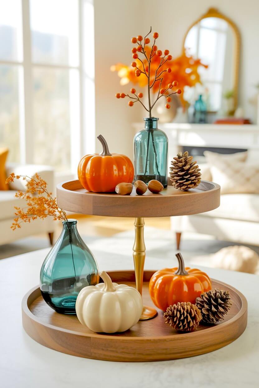 A wood tiered stand presenting bright orange and cream ceramic pumpkins paired with chic blue glass drop vases for a simple fall console table decor.