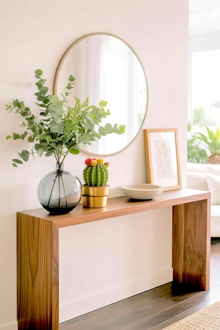 Minimalist warm wood console table featuring a thin round mirror, a smoked glass vase of fresh eucalyptus, and a blooming cactus in an organic hallway, providing modern small console table decor ideas.