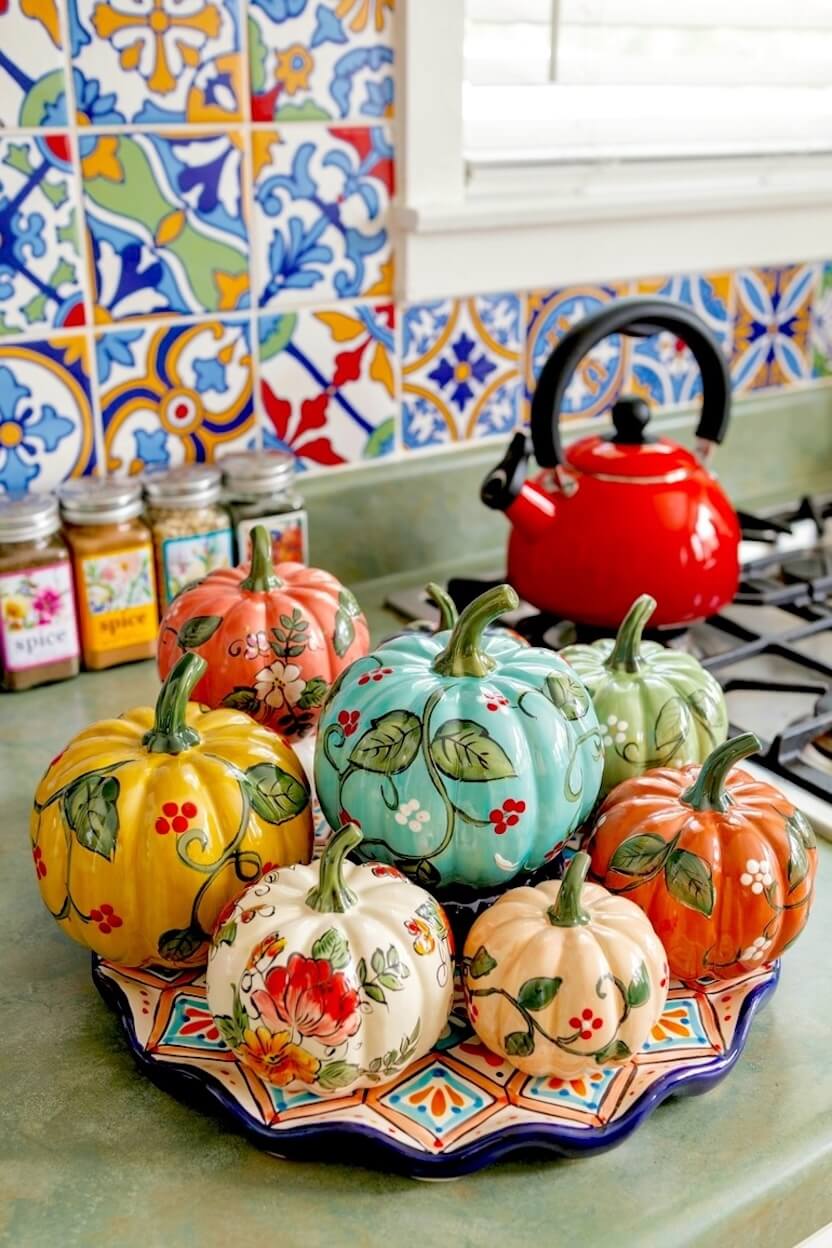 Vibrant teal, yellow, and orange pumpkins decorated with classic floral and vine motifs arranged on a decorative plate, showcasing autumn floral gourd patterns.