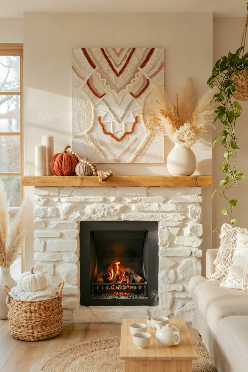 A white painted stone fireplace featuring bohemian autumn mantel looks with textured yarn wall art, orange knit pumpkins, and tall fluffy pampas grass in a vase.