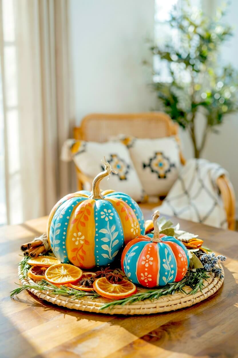 Teal and orange striped pumpkins decorated with small white daisies sitting on a woven tray with dried orange slices, perfect for painted flower pumpkin crafts.