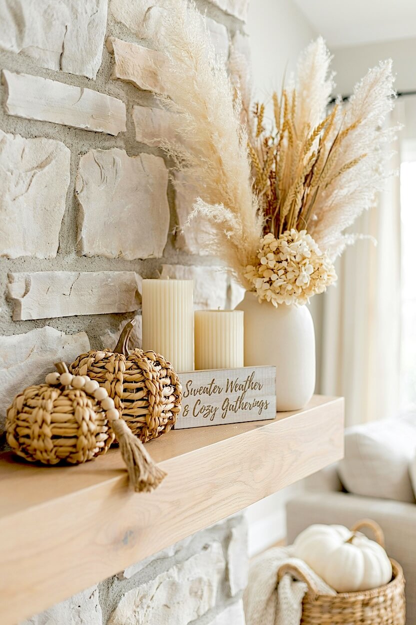 A light stone fireplace exhibiting neutral fall mantel inspiration with woven wicker pumpkins, wooden bead garlands, cream pillar candles, and dried wheat stalks.
