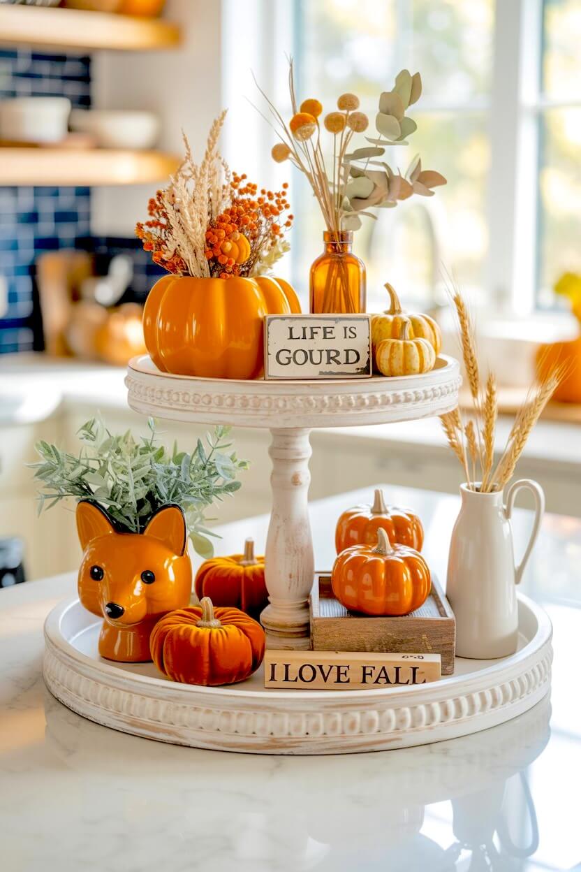 A playful fall island centerpiece pairs an adorable orange ceramic fox planter with vibrant orange ceramic pumpkins, dried wheat stalks, and a life is gourd sign.