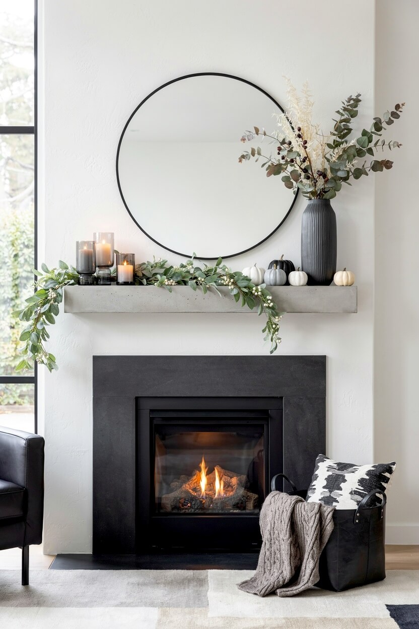 A contemporary black fireplace presenting minimalist autumn mantel aesthetics with a round mirror, grey gourds, black pillar candles, and a simple green garland.