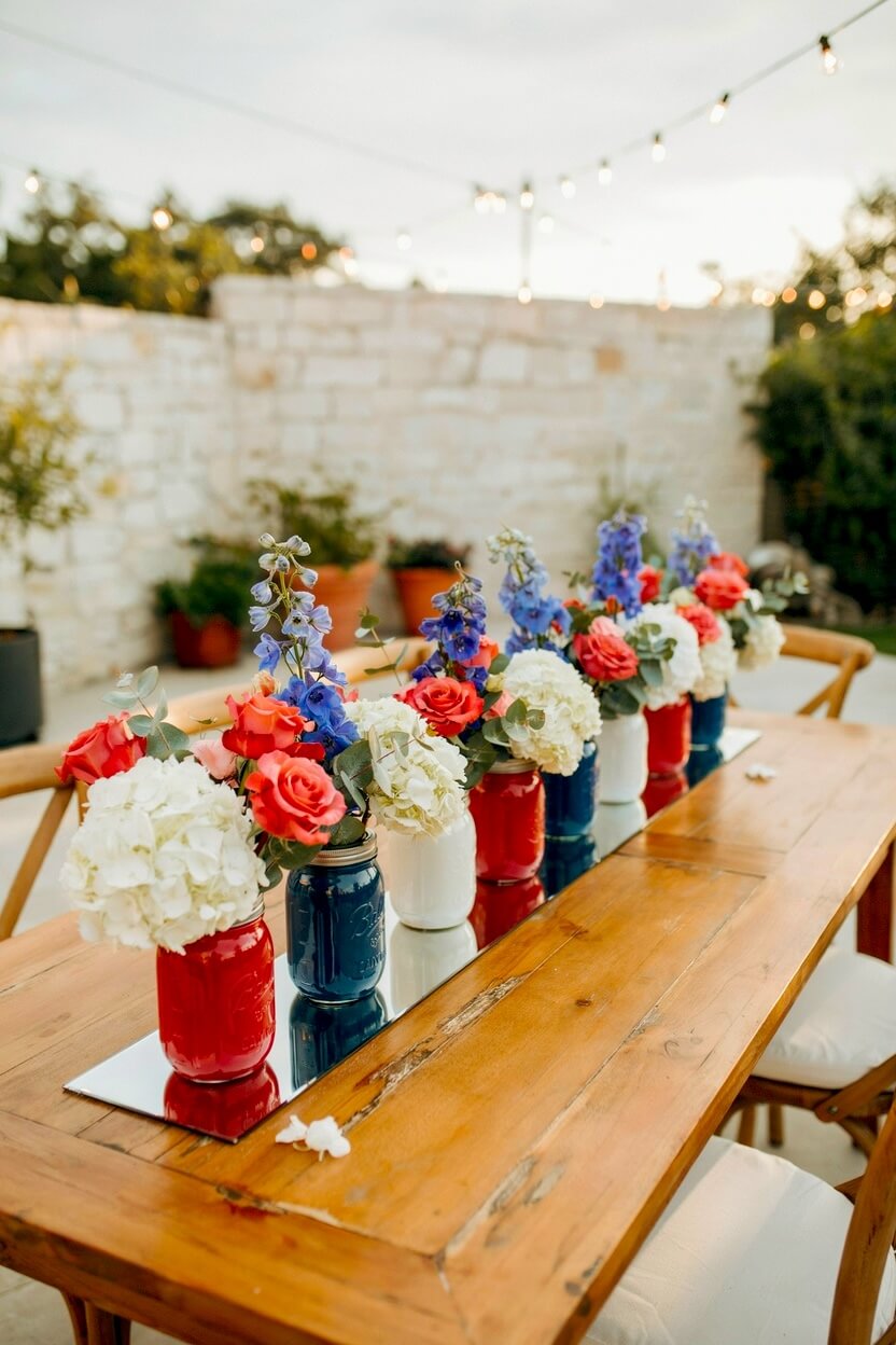 Long wooden outdoor table decorated with a rectangular mirror reflecting painted mason jars in red, white, and blue holding fresh summer flowers for a yard party.