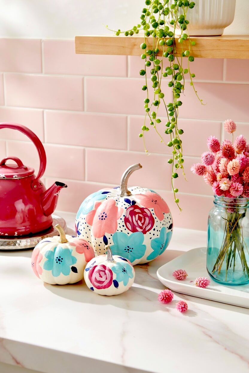 Three white pumpkins painted with abstract pink roses and teal blossoms resting on a light marble kitchen counter, a bright take on floral painted pumpkins.