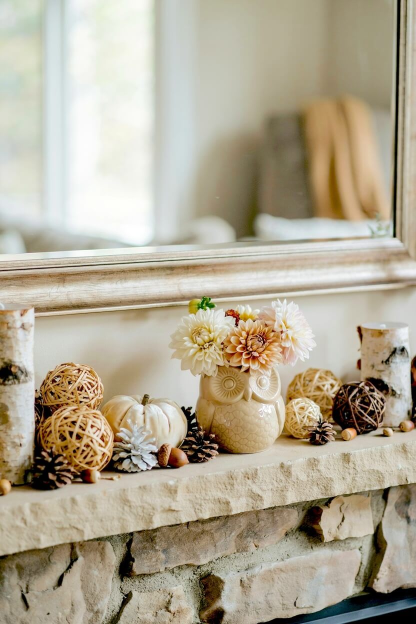 A rustic natural stone fireplace showing woodland fall mantel concepts with a ceramic owl vase holding light dahlias, woven orb balls, pinecones, and white gourds.
