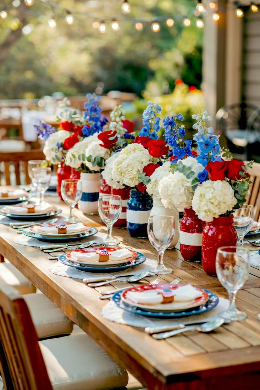 Rustic backyard table set with patterned plates and a row of painted glass jars serving as vibrant floral centerpieces for patriotic summer evening events.