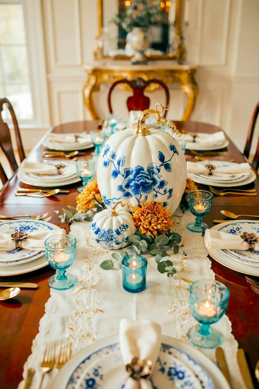 Large white pumpkin painted with rich blue chinoiserie floral patterns sitting as a dining table centerpiece, illustrating elegant floral pumpkin art.