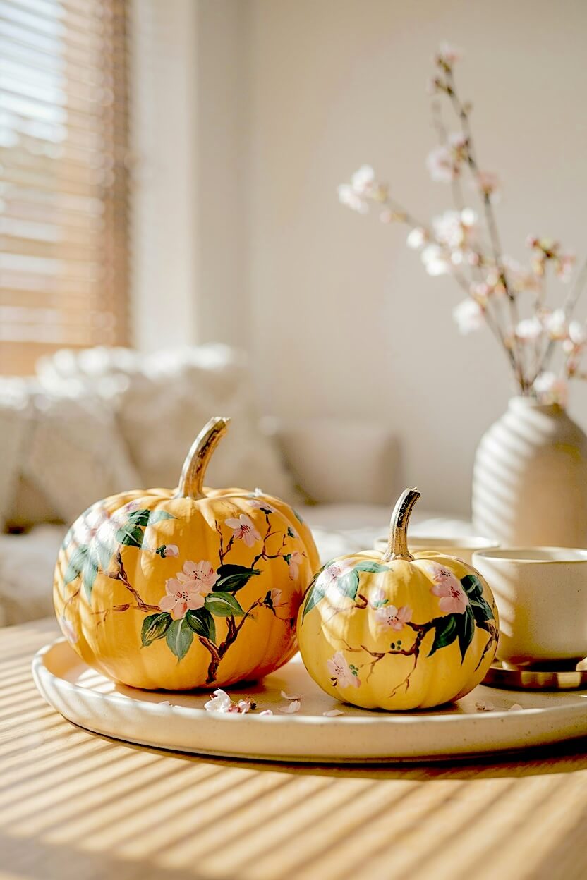 Mustard yellow pumpkins decorated with delicate pink cherry blossom branches resting on a ceramic tray bathed in warm sunlight, perfect for floral fall decor projects.