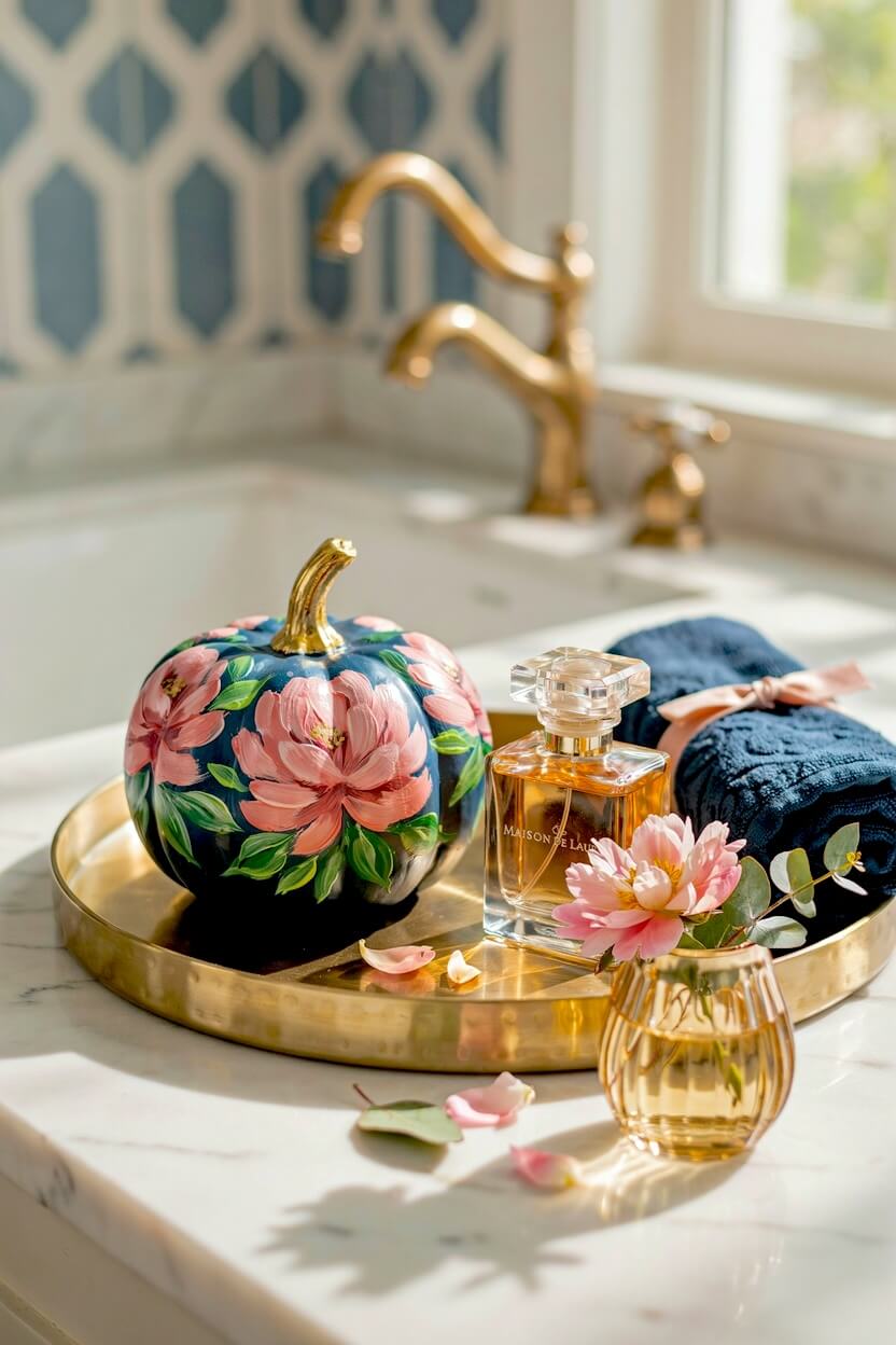 Dark navy blue pumpkin adorned with large pink painted peonies resting on a round brass vanity tray beside a perfume bottle, creating a moody floral pumpkin aesthetic.