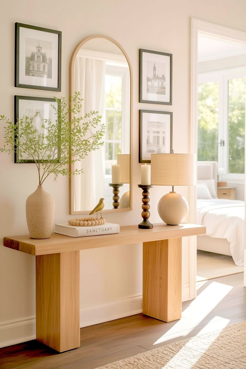 Light oak small console table arranged with an arched mirror, fresh green leafy branches in a textured vase, and a round beige lamp in a narrow entryway.