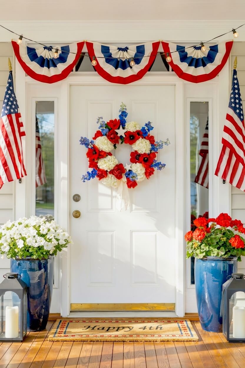 White front door featuring a vibrant red and blue floral wreath surrounded by patriotic fabric bunting and twin American flags for summer front porch decor.