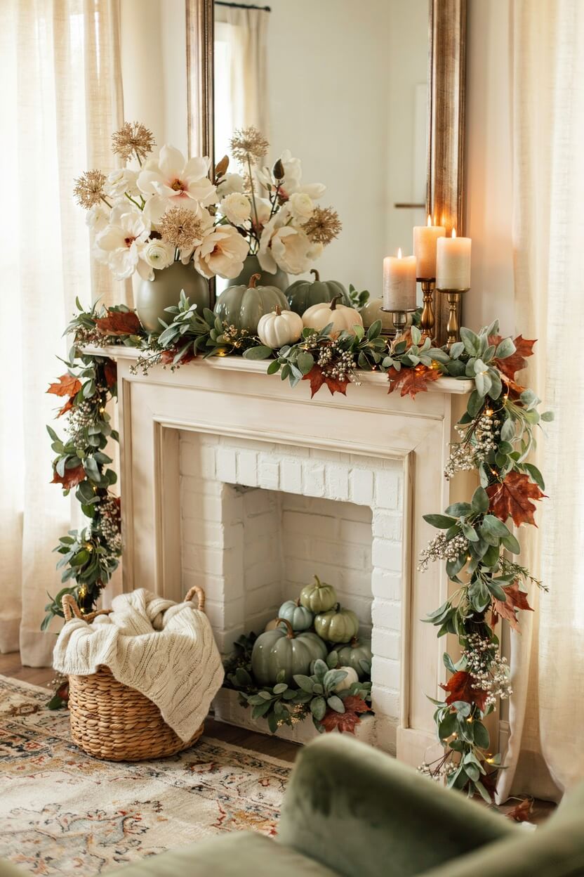 A painted white fireplace styled with autumn mantel decor, featuring sage green pumpkins, white magnolias in a vase, and a greenery garland over the firebox.
