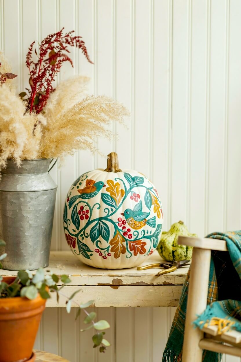 White pumpkin with painted blue birds, green vines, and brown oak leaves resting on a weathered wooden bench, offering unique painted flower pumpkin ideas.