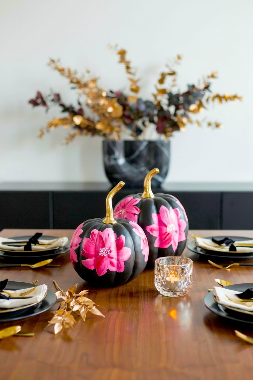 Two matte black pumpkins featuring striking hot pink painted lotus flowers sitting on a modern dark wood dining table, creating dark floral painted pumpkins.