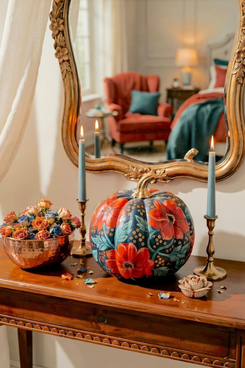 Deep navy pumpkin accented with bright red anemone flowers and gold dot details positioned on a wooden console table, providing sophisticated painted pumpkin ideas.